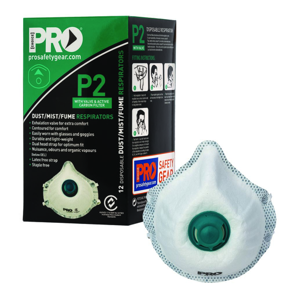 PRO CHOICE RESPIRATOR P2 DISPOSEABLE-VALVE & ACTIVE CARBON FILTER PK12