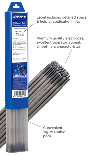 WELDCLASS STICK ELECTRODES STAINLESS-STEEL PLATINUM 316L 2.0MM 1KG WELD