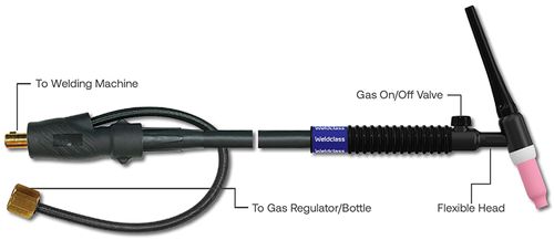 WELDCLASS TIG TORCH WITH VALVE 17FV 150A 4M FOR PRECISION WELDING