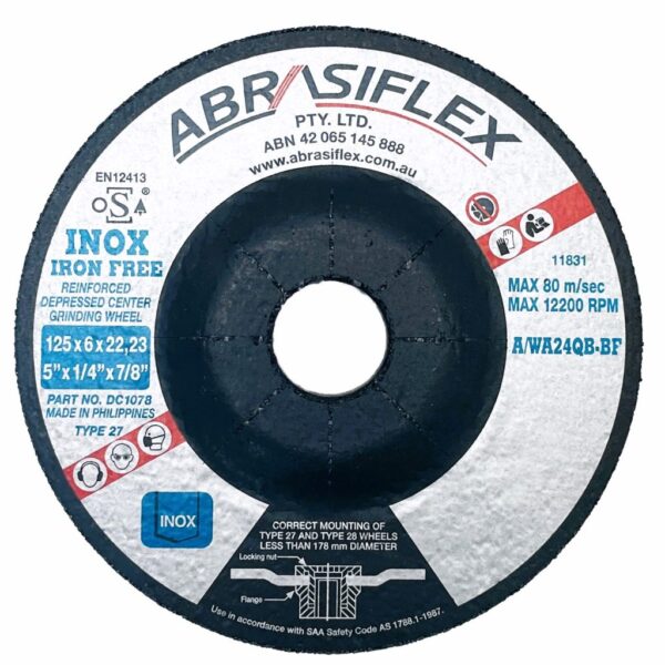 ABRASIFLEX STAINLESS STEEL GRINDING DISC 125MM X 6MM X 22MM 25PK